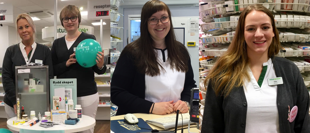 Jeanette Tellmann Gundersen og Ida Emilie Thoresen (vitusapotek Torvbyen), Tina Holmgren (Boots Apotek Alta) og Silje Rønning (Vitusapotek Svanen – Narvik) har alle mottatt mer returmedisin i kampanjeperioden.